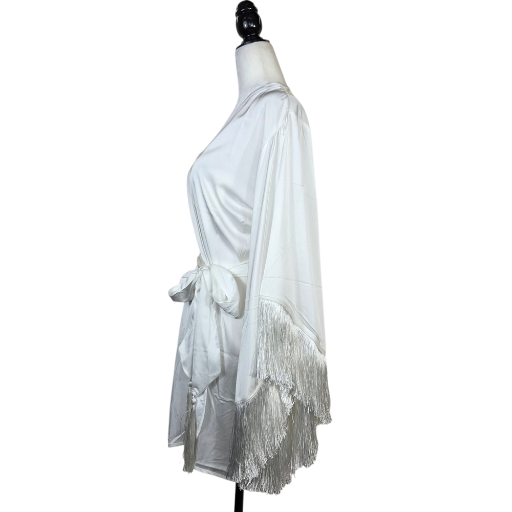 Homebodii Pricilla fringe Luxury White Satin Robe - Picture 5 of 16
